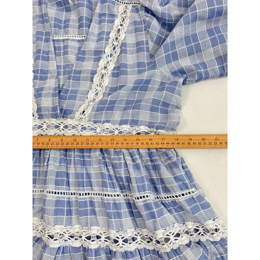 Free People Time Out Lace Trim Tunic Lagenlook Blue White Plaid Top
